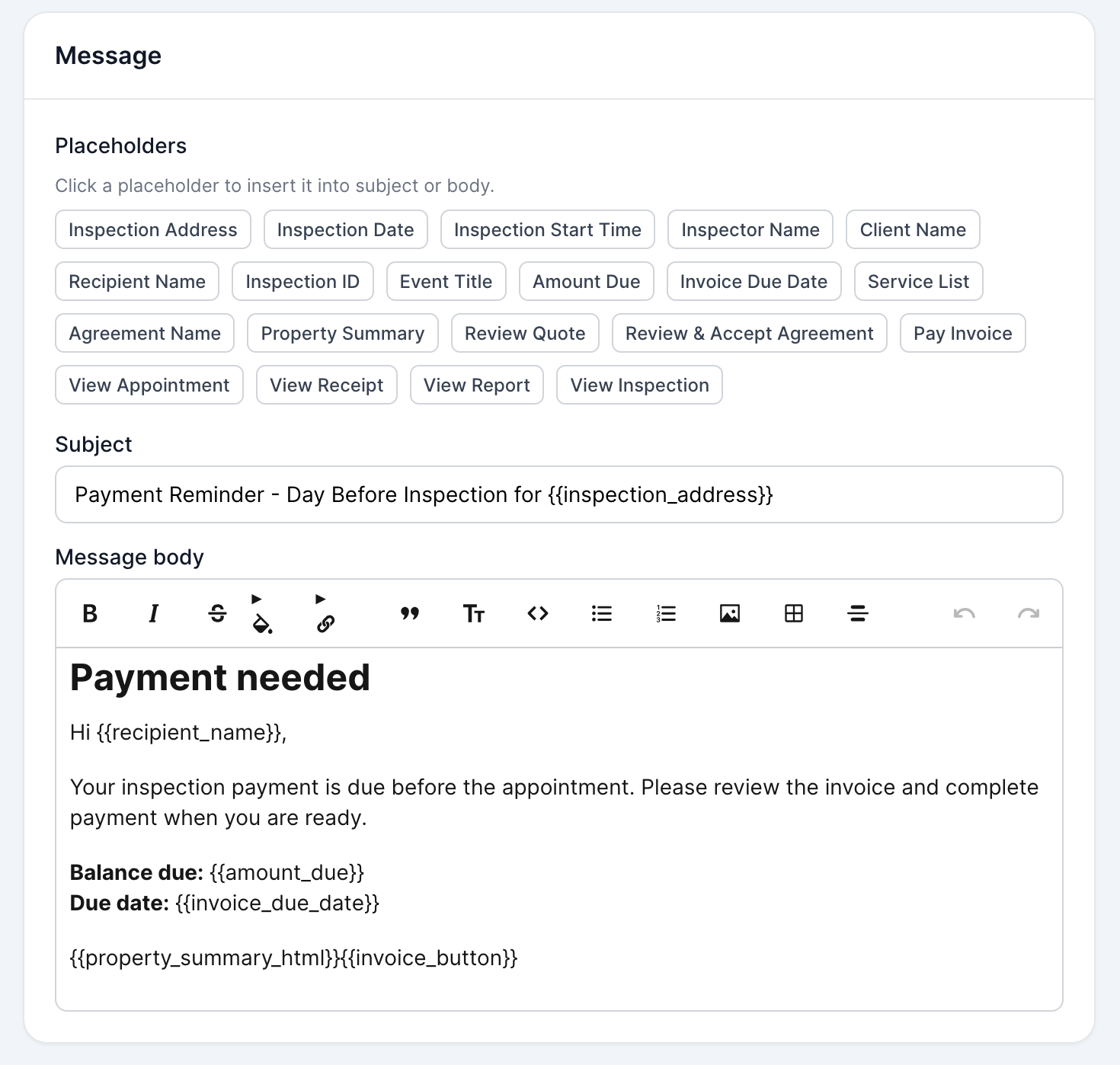 InspectorKit automation message editor with placeholders, subject, and message body