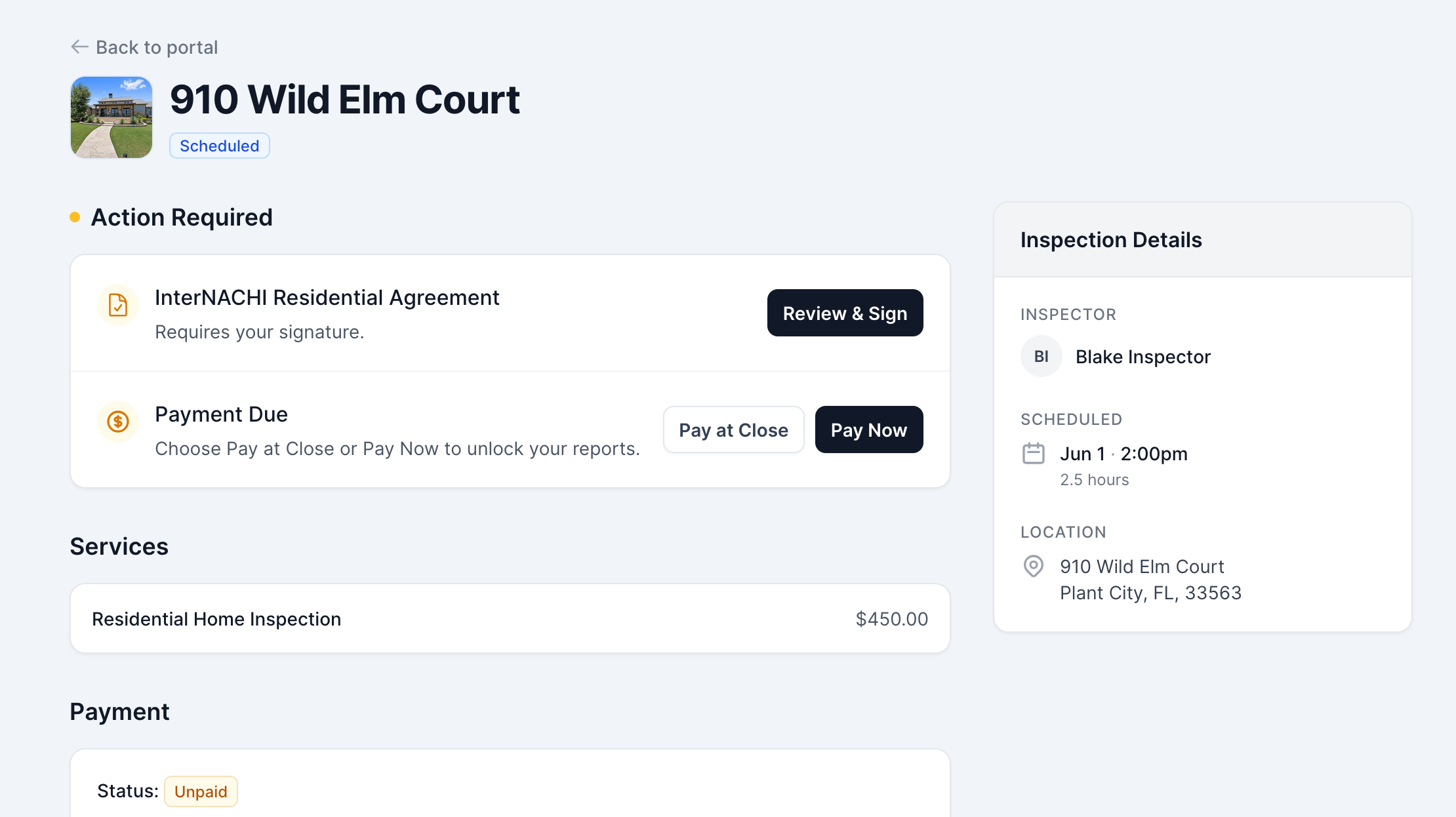 InspectorKit client and agent portal for scheduling, signing, paying, and viewing reports