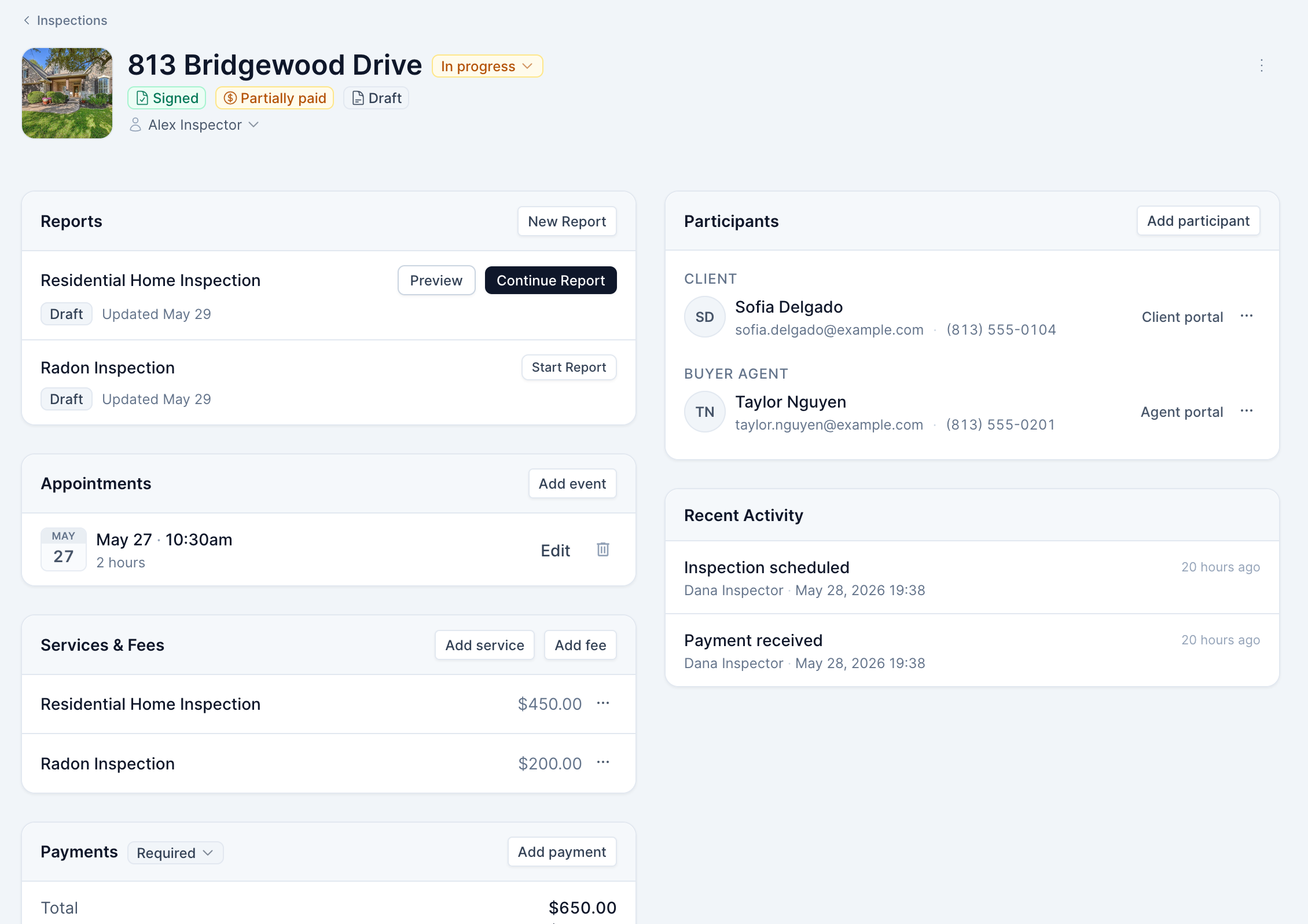 InspectorKit inspection workspace with property, client, schedule, report, agreement, and invoice