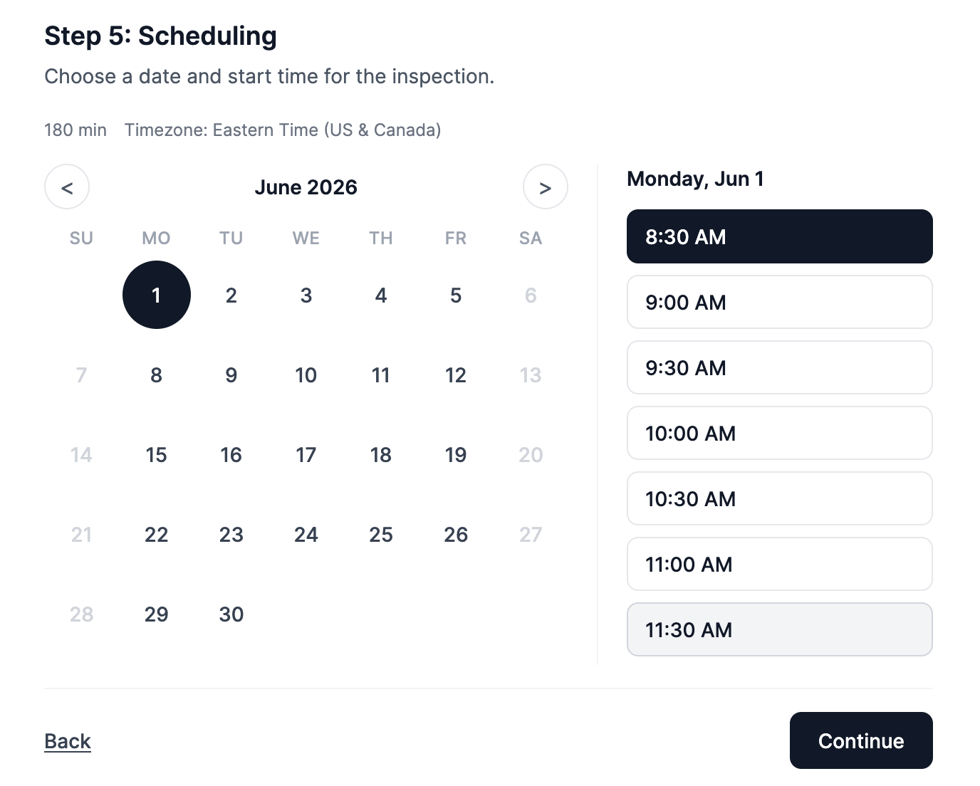 InspectorKit public scheduling flow with calendar and time slot selection