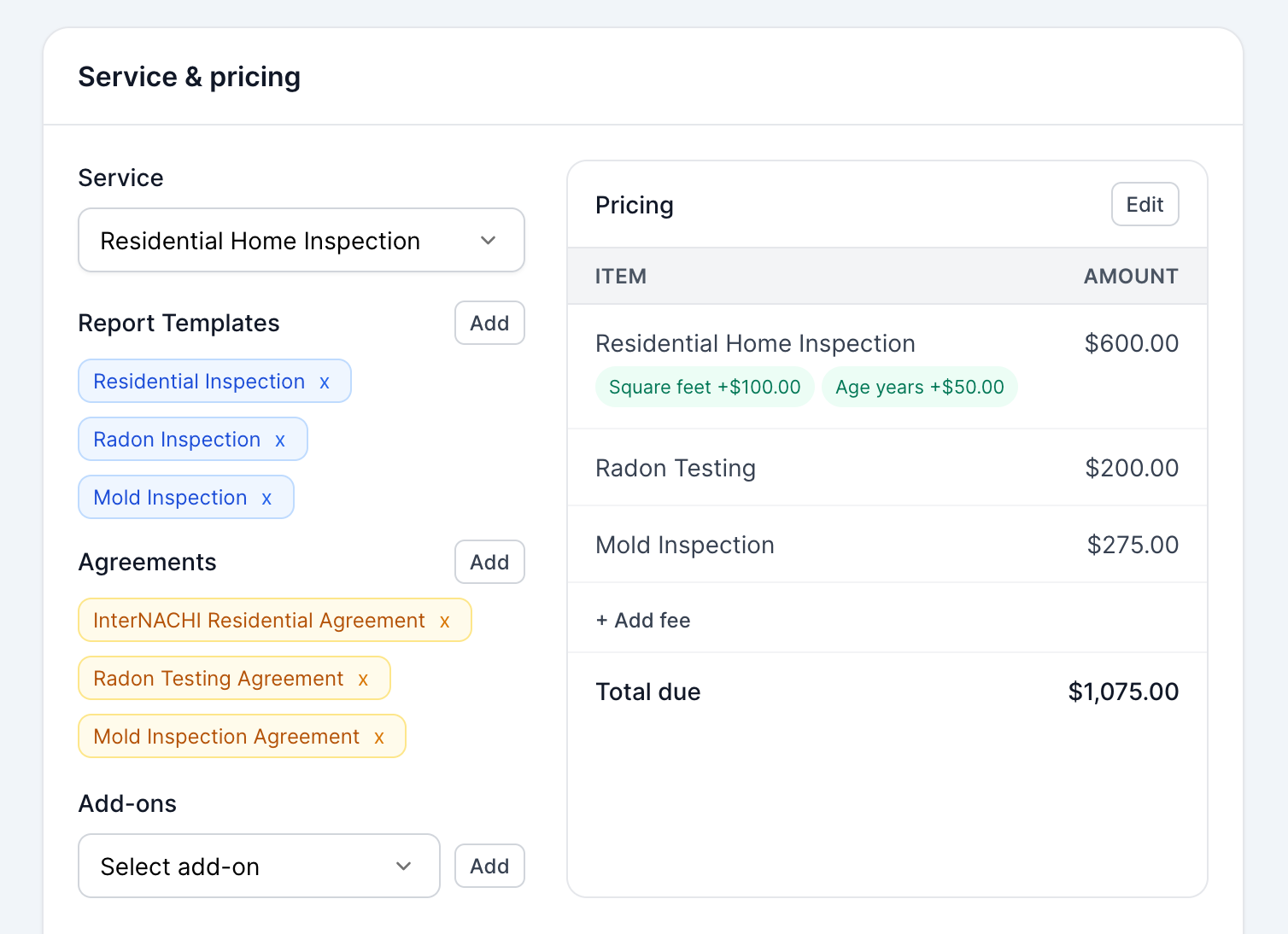 InspectorKit service and pricing setup with add-ons, report templates, agreements, and modifiers